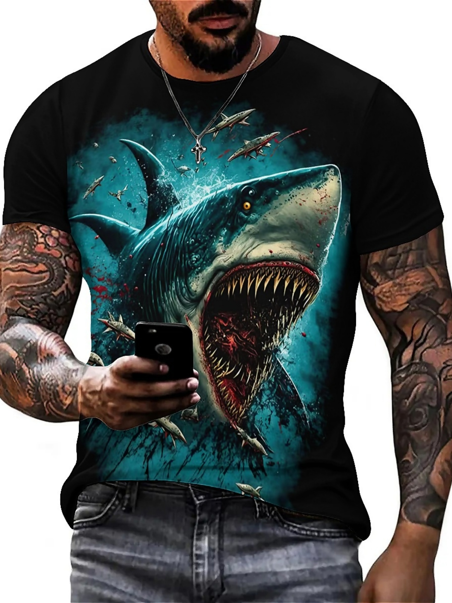 3D Printing Design - Men's 3D Shark Print T-Shirt -