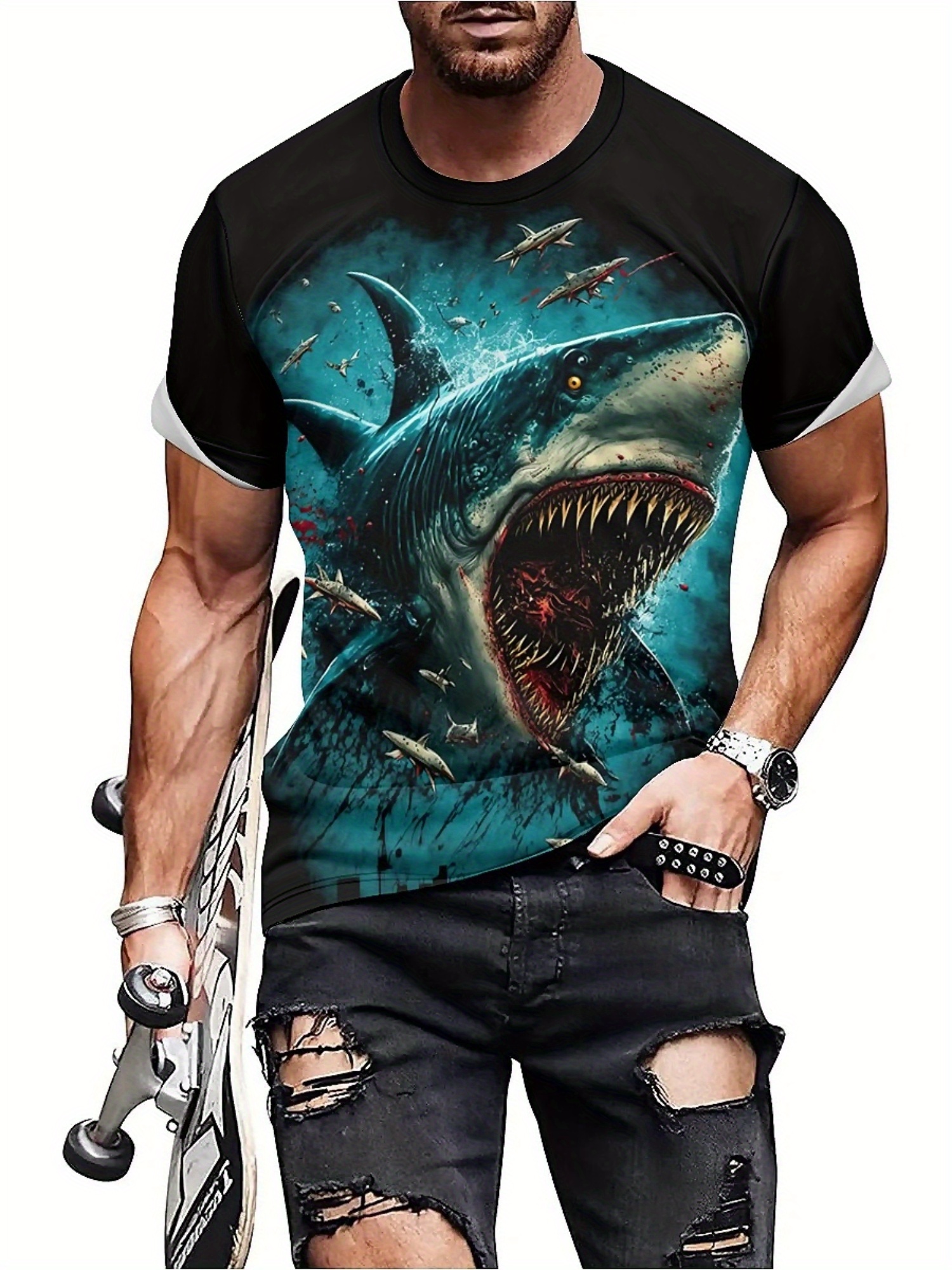 Men's 3D Shark Print T-Shirt - - 3D Printing Design avis et prix